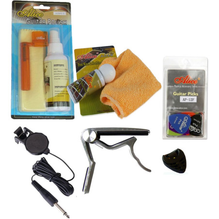 Kit Accesorios para Guitarra Acustica con micrófono, capodastro, limpiadores y mas